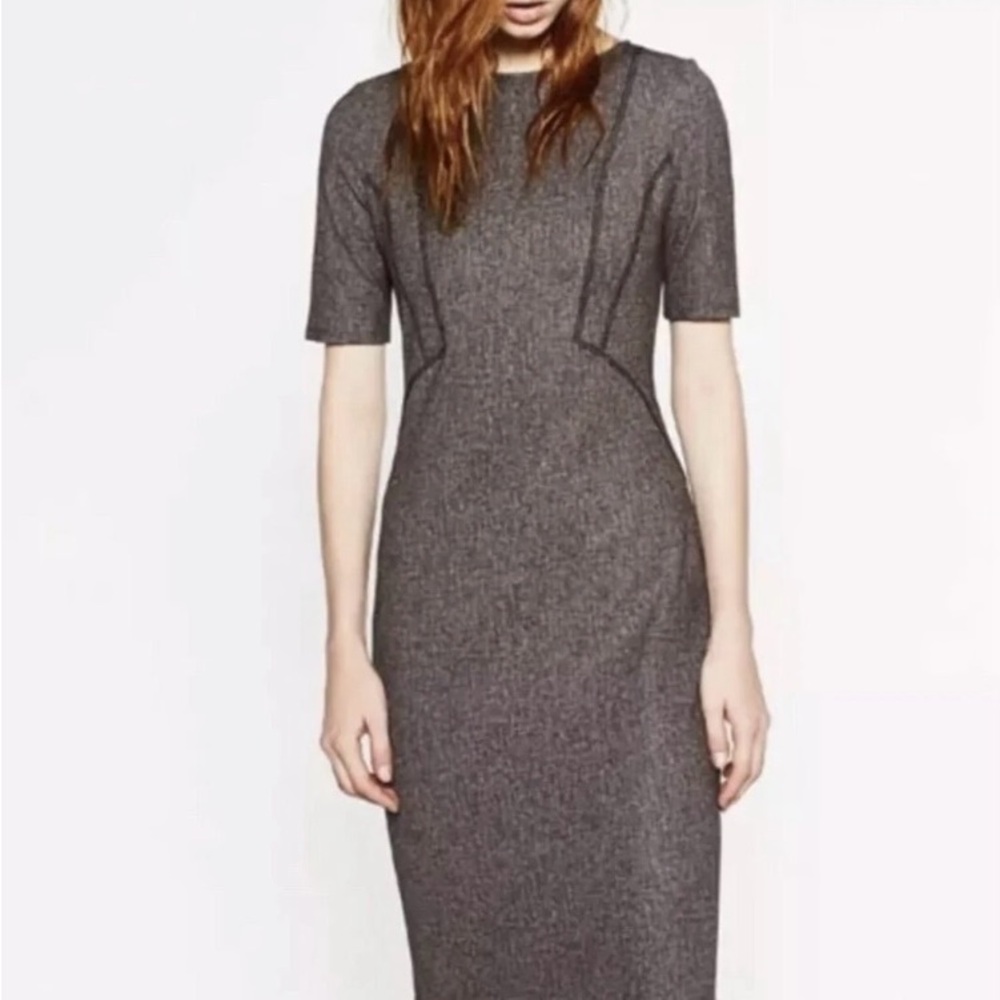 Zara Size Medium gray and black semi fitted midi dress